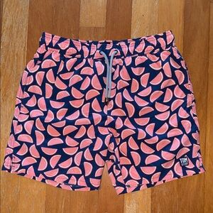 Tom & Teddy Navy Swim Trunks with Pink Watermelon Motif
